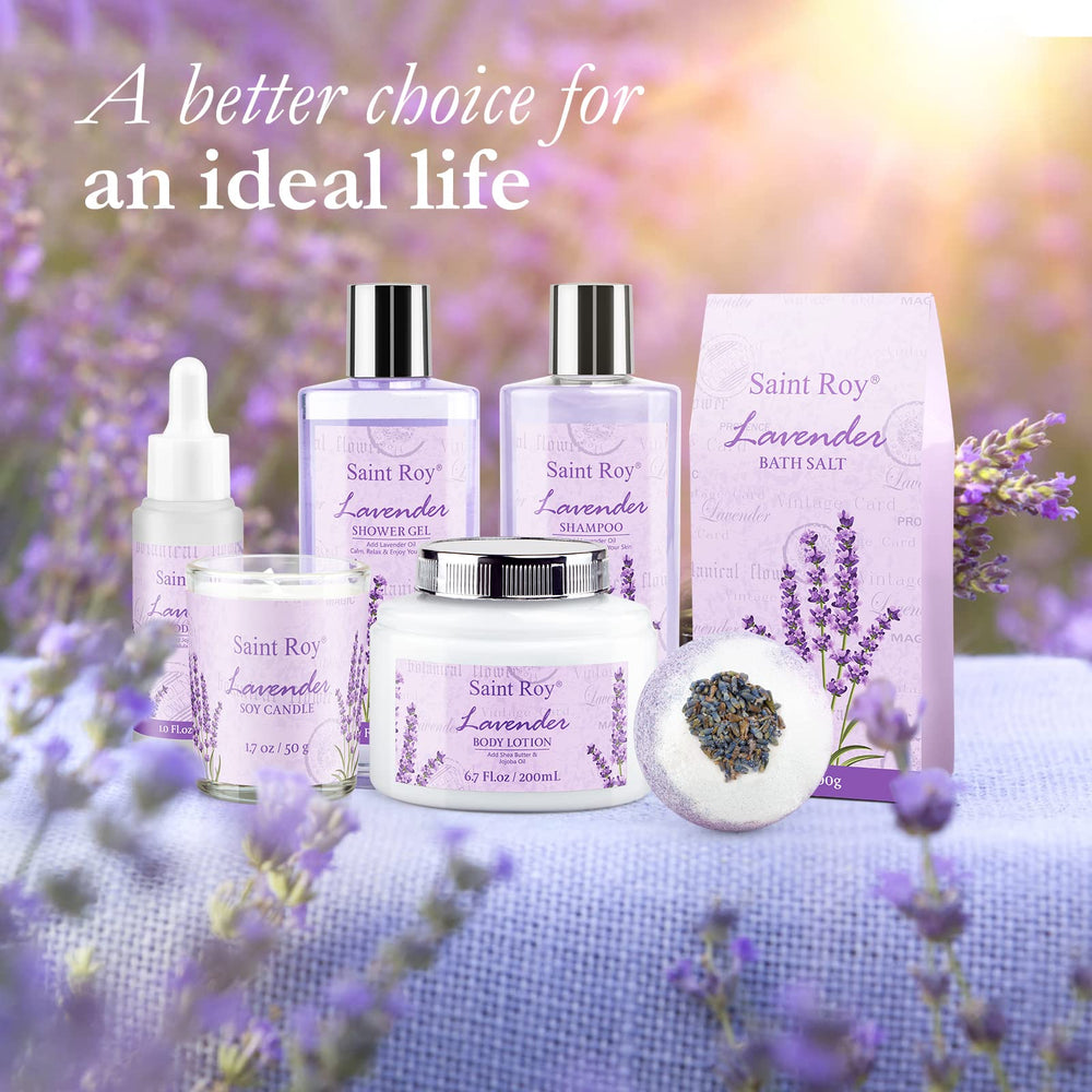 Saint Roy tub basket with bath items suggests a premium self-care gift.