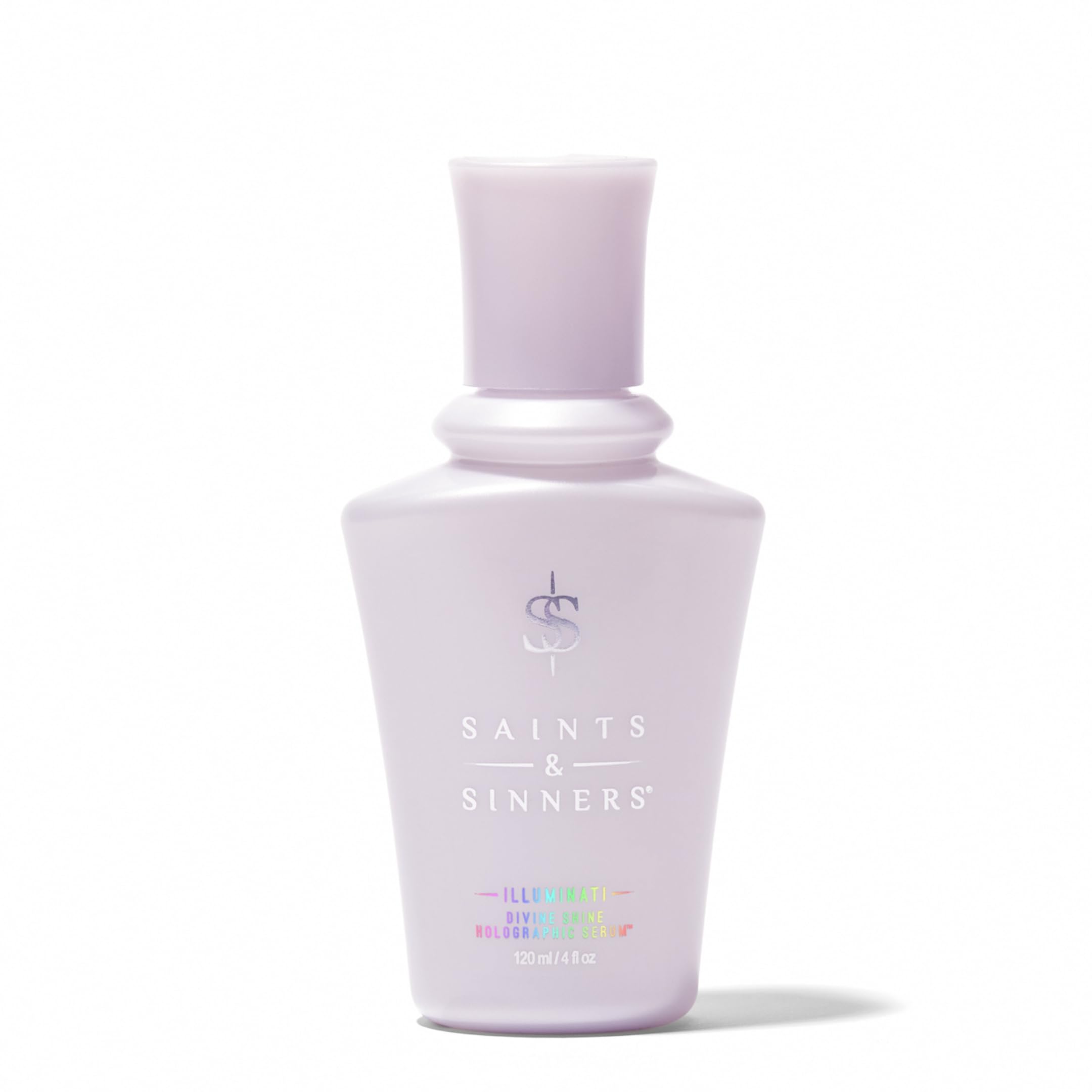 Saints & Sinners Illuminati Divine Shine holographic serum bottle shows luminous finish for all hair types.