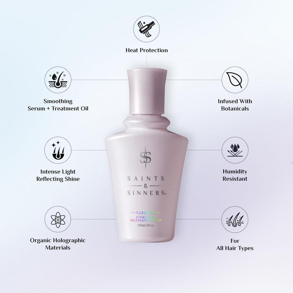 Saints & Sinners Illuminati Divine Shine serum pump dispenses product for easy application.