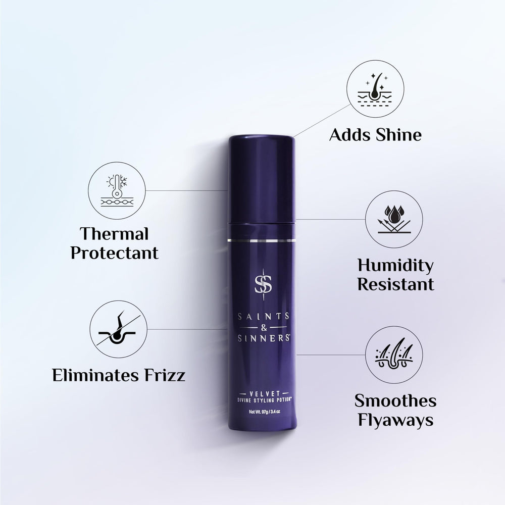 Velvet Divine Styling Potion on hair application highlights versatile styling