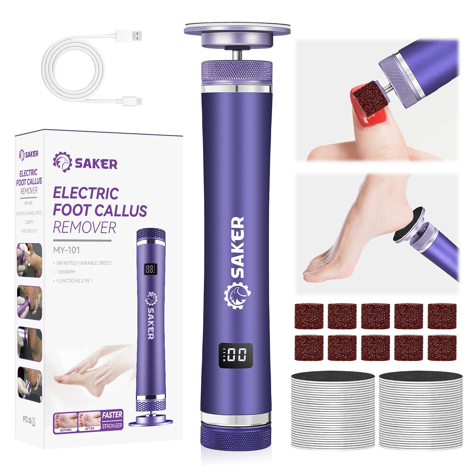 Saker electric foot callus remover front view with ergonomic grip for precise at home pedicure