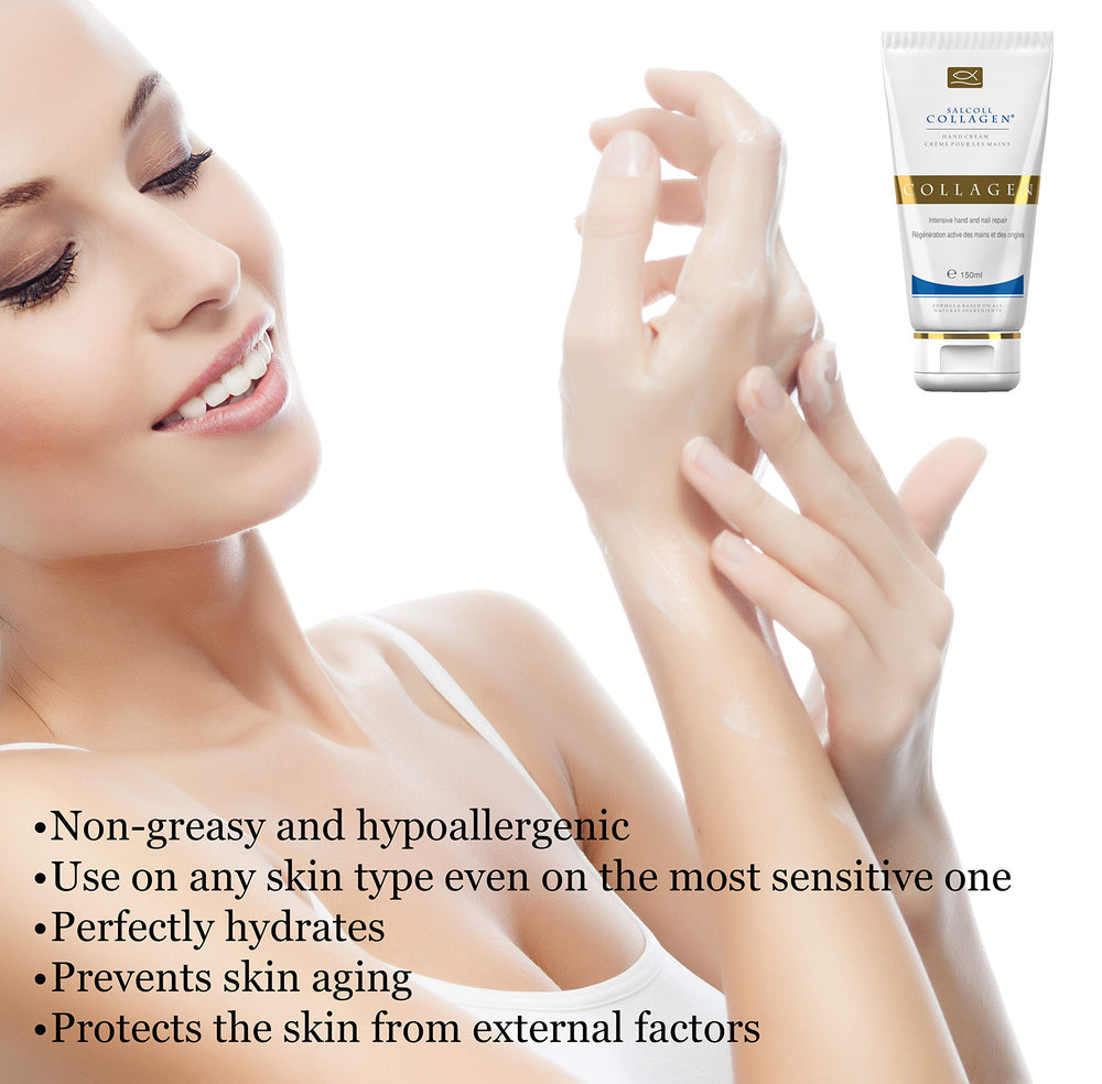 Salcoll Collagen hand cream creamy formula repairs dry, cracked skin.