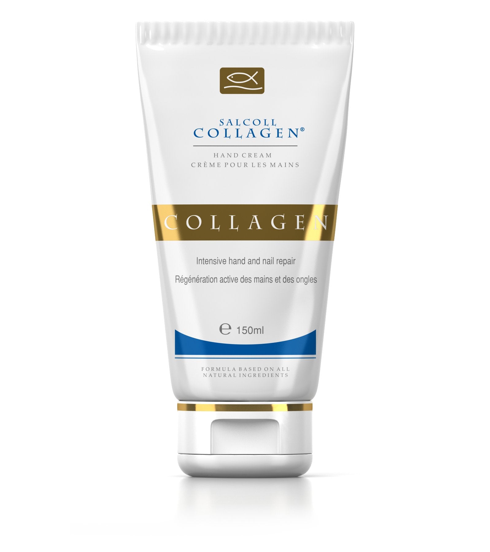 Salcoll Collagen hand cream jar close-up highlighting rich moisturizing texture for dry skin relief.