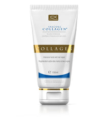 Salcoll Collagen hand cream jar close-up highlighting rich moisturizing texture for dry skin relief.