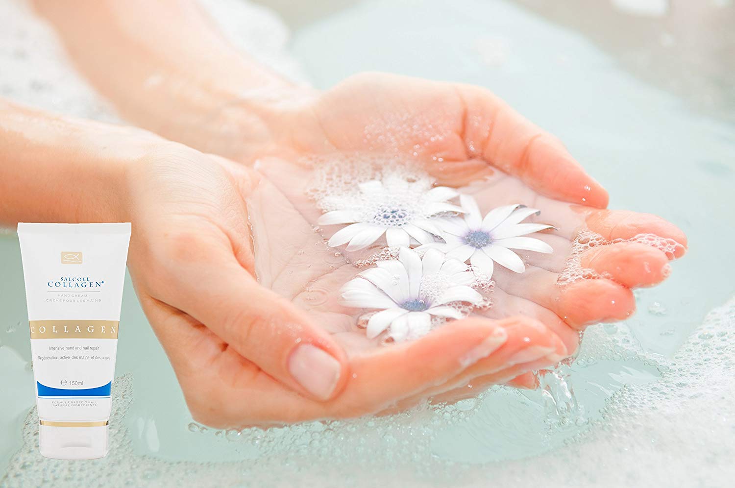 Salcoll Collagen hand cream ingredient view highlights marine collagen benefits.