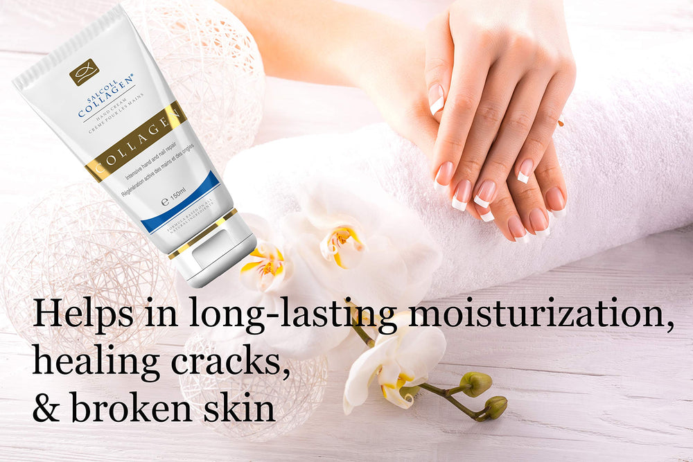 Salcoll Collagen hand cream on hand demonstrates lightweight, all-skin-types feel.