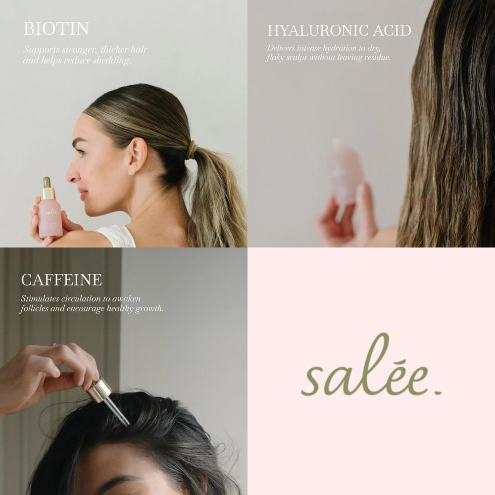 SALEE dry scalp serum bottle resting on wood for spa-like self-care