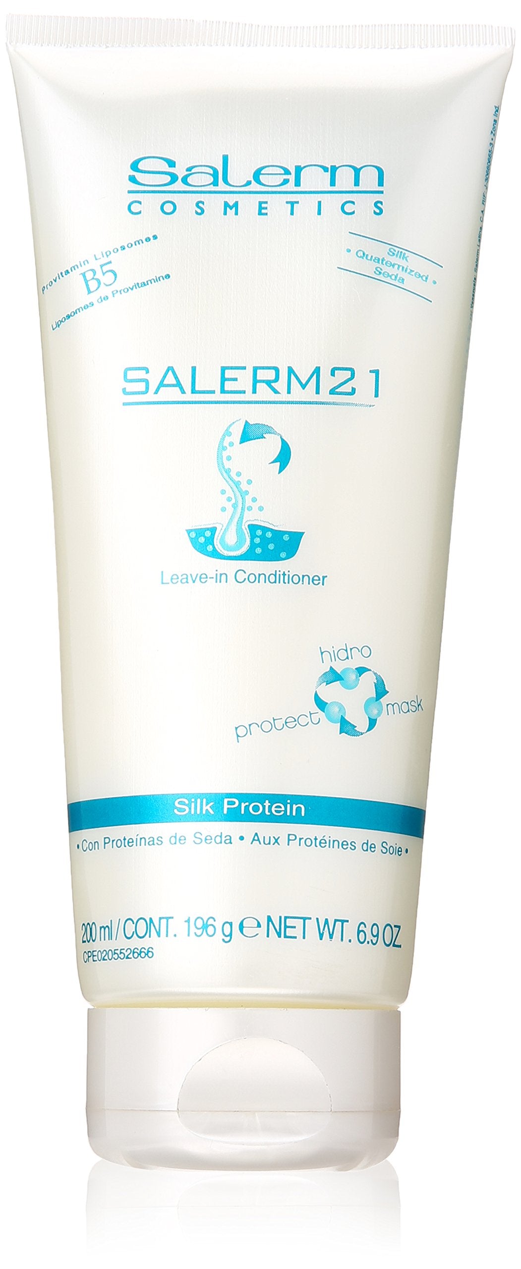 Salerm 21 B5 Silk Protein Leave-In Conditioner bottle pour for quick hydration and detangling.