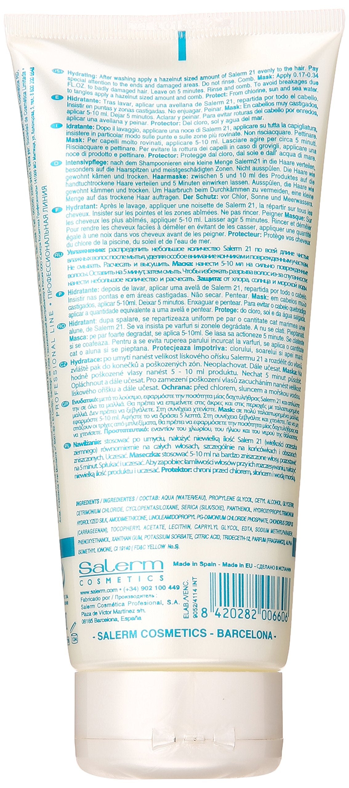Salerm 21 B5 Silk Protein Leave-In Conditioner close-up on bottle label highlighting heat and sun protection.