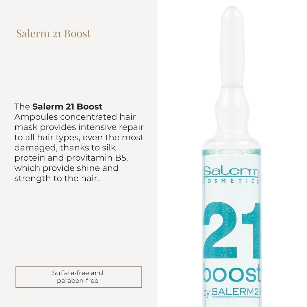 SALERM 21 Boost ampoules applied to damp hair for instant moisture.