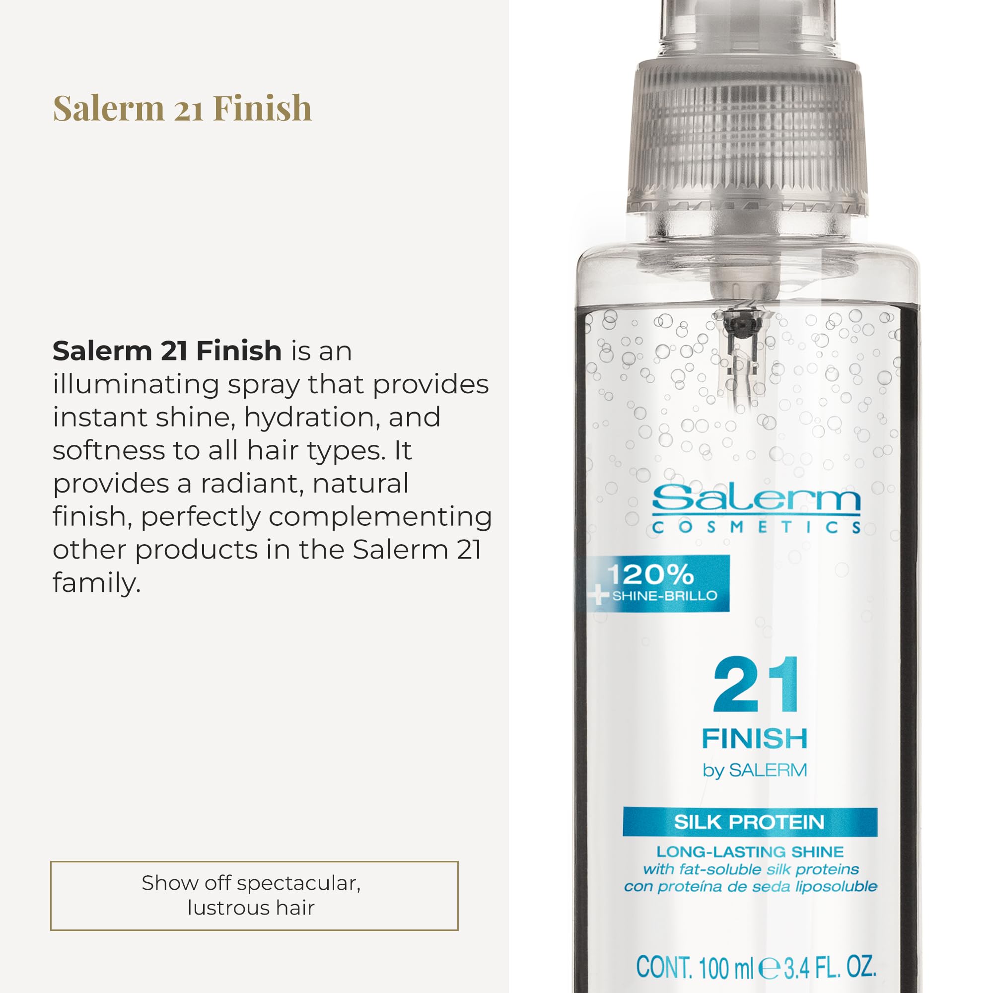 SALERM 21 Finish shiny-hair closeup shows radiant, healthy-looking strands.