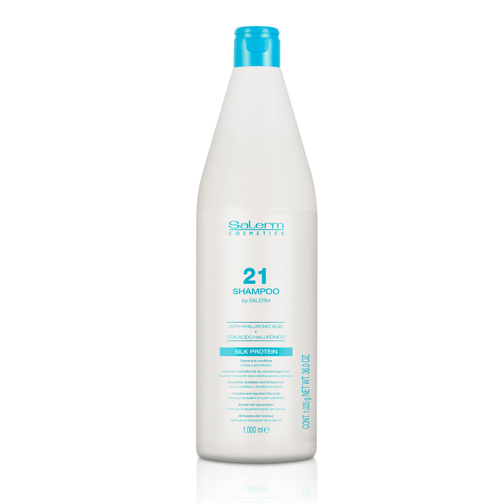 Salerm 21 Hydrating Shampoo bottle close-up highlighting deep hydration for dry hair.