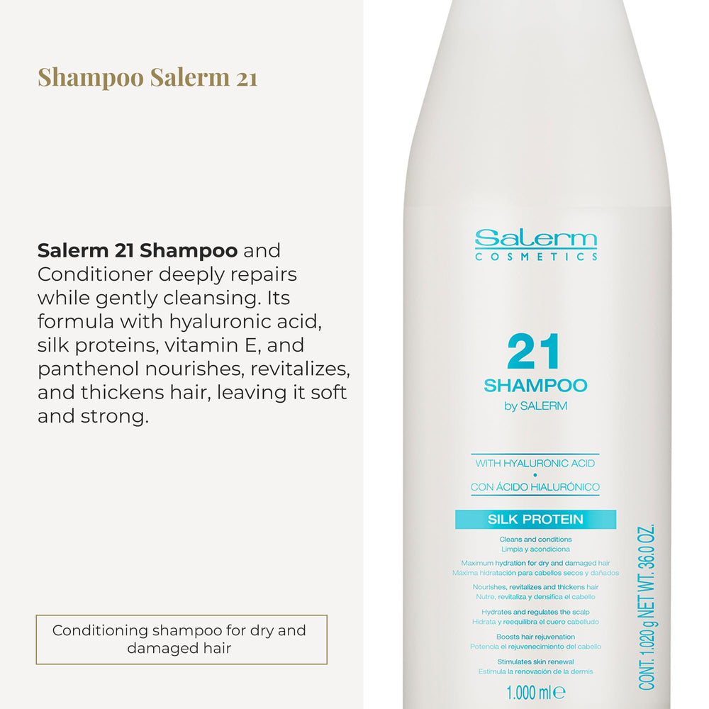 Salerm 21 Hydrating Shampoo bottle pour shows creamy lather that nourishes strands.