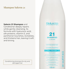 Salerm 21 Hydrating Shampoo bottle pour shows creamy lather that nourishes strands.