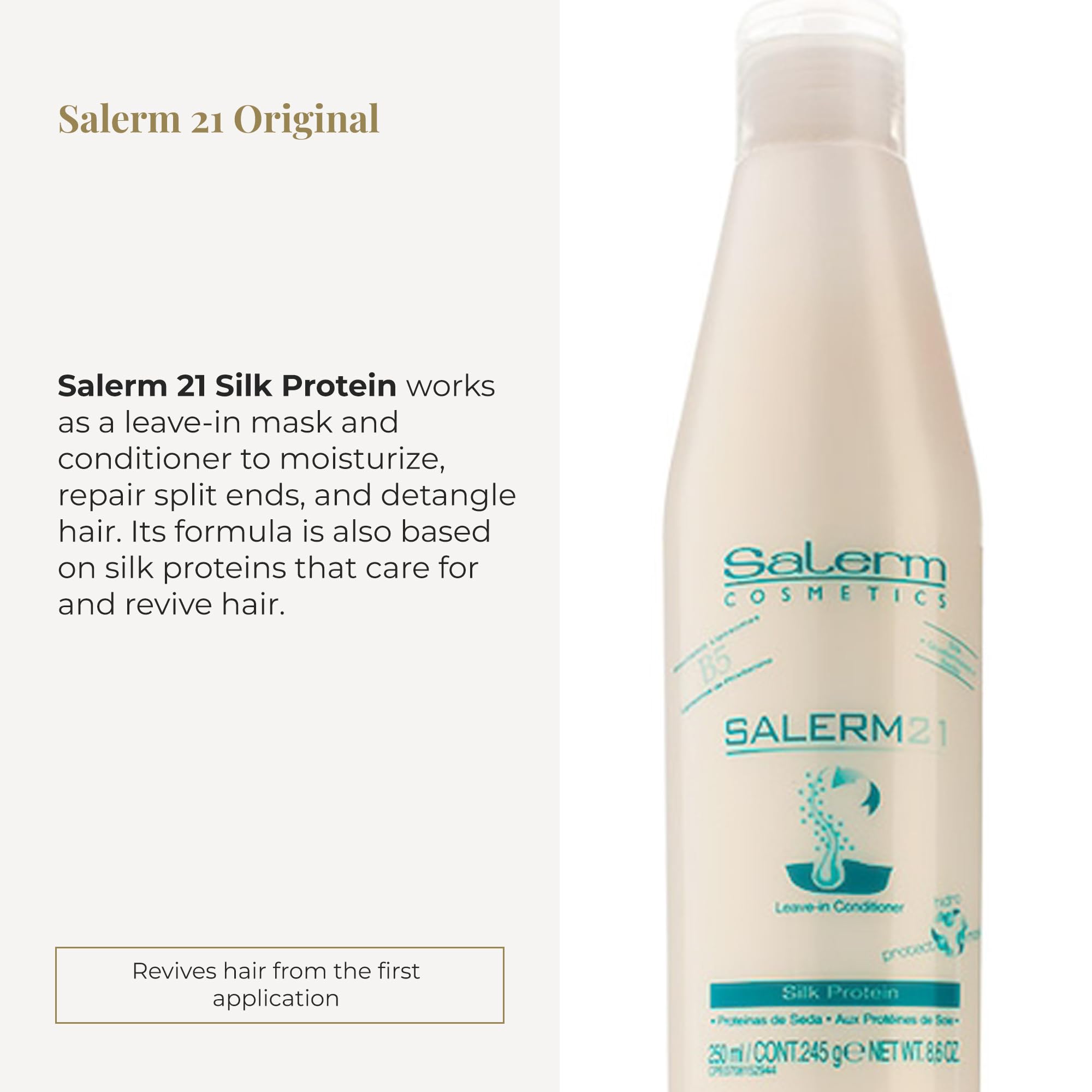 SALERM 21 leave-in application on hair shows detangling and shine