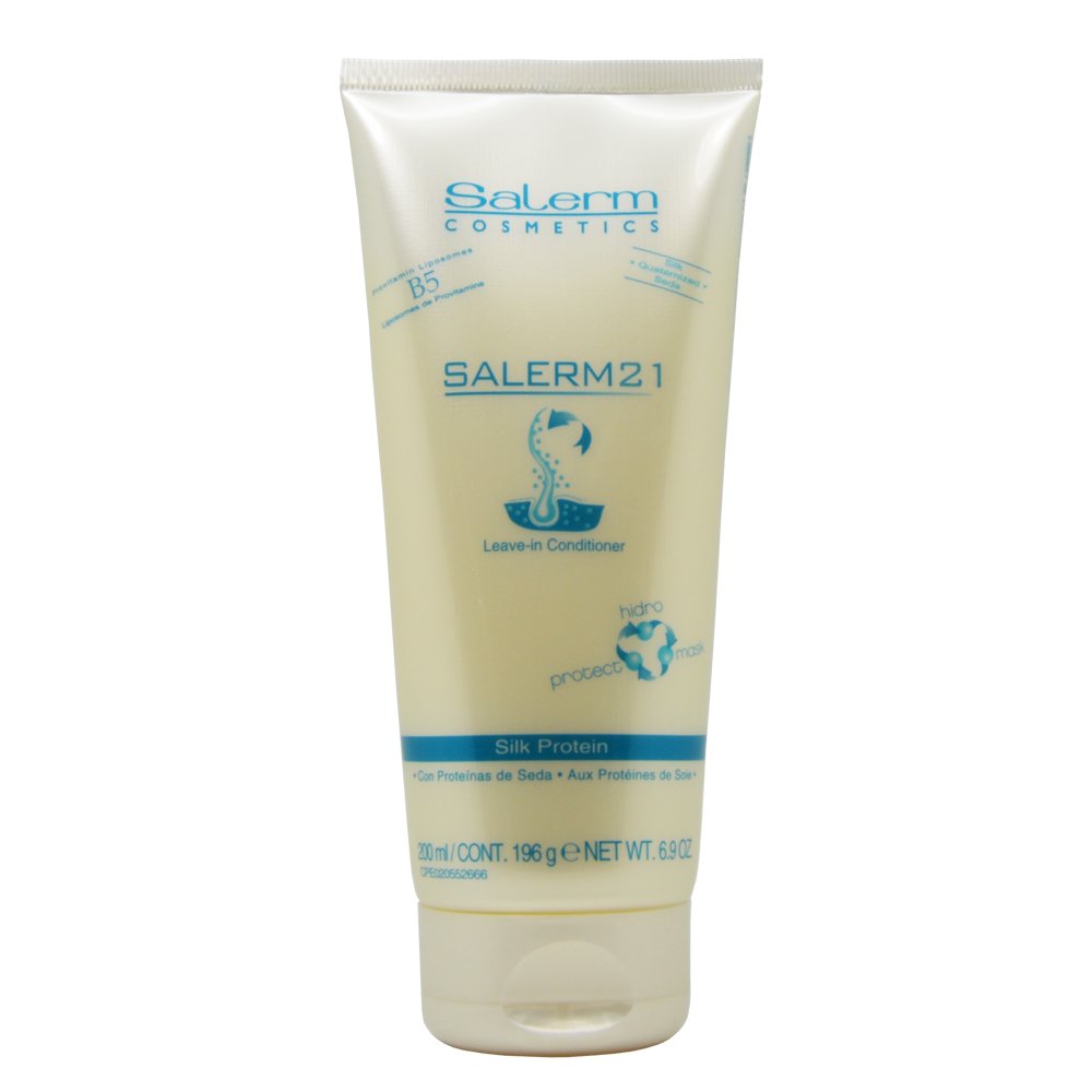 Salerm 21 leave-in conditioner bottle offering lightweight hydration and silk-protein nourishment for dry hair.
