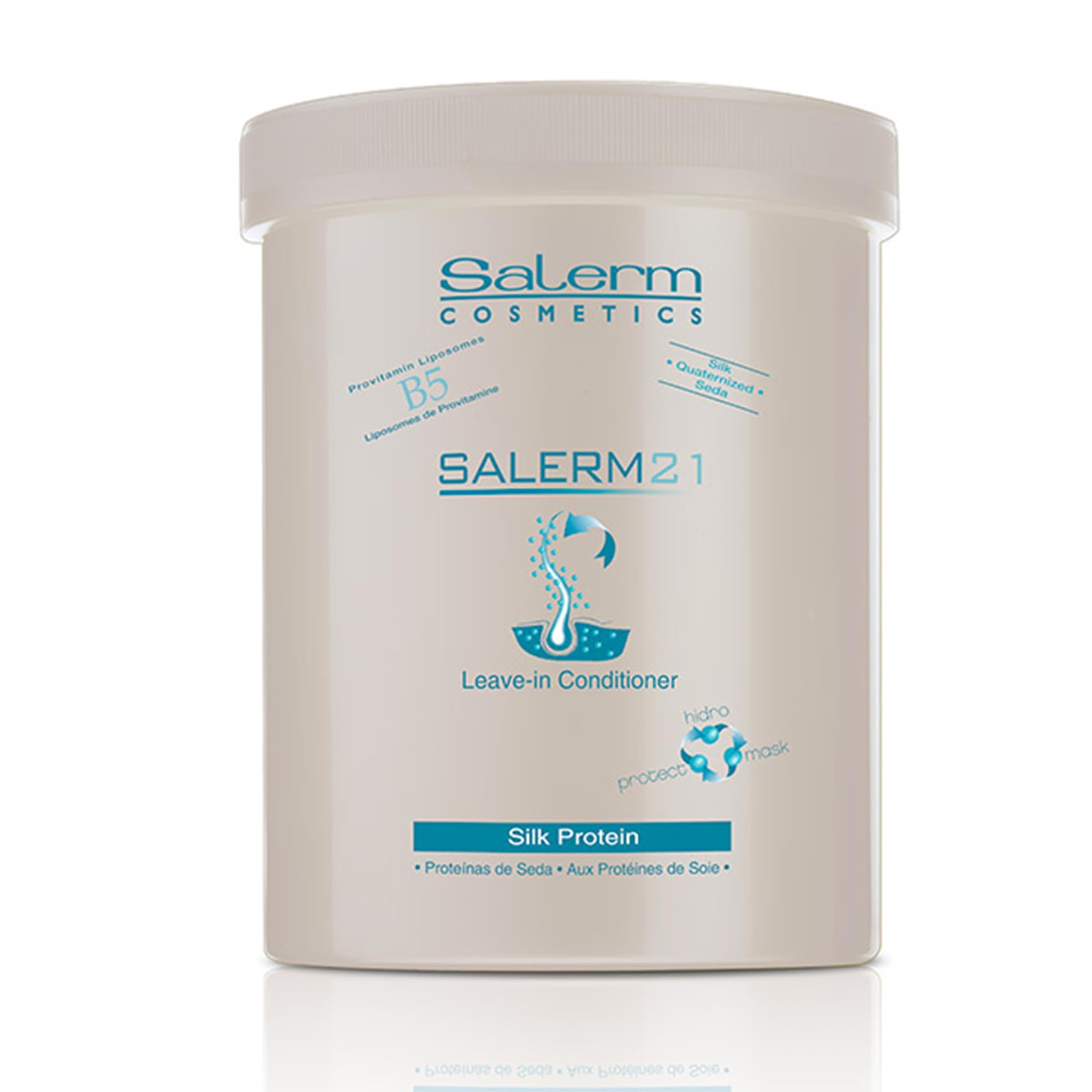 SALERM 21 Silk Protein bottle illustrates hydrating leave-in conditioner for shine and manageability.