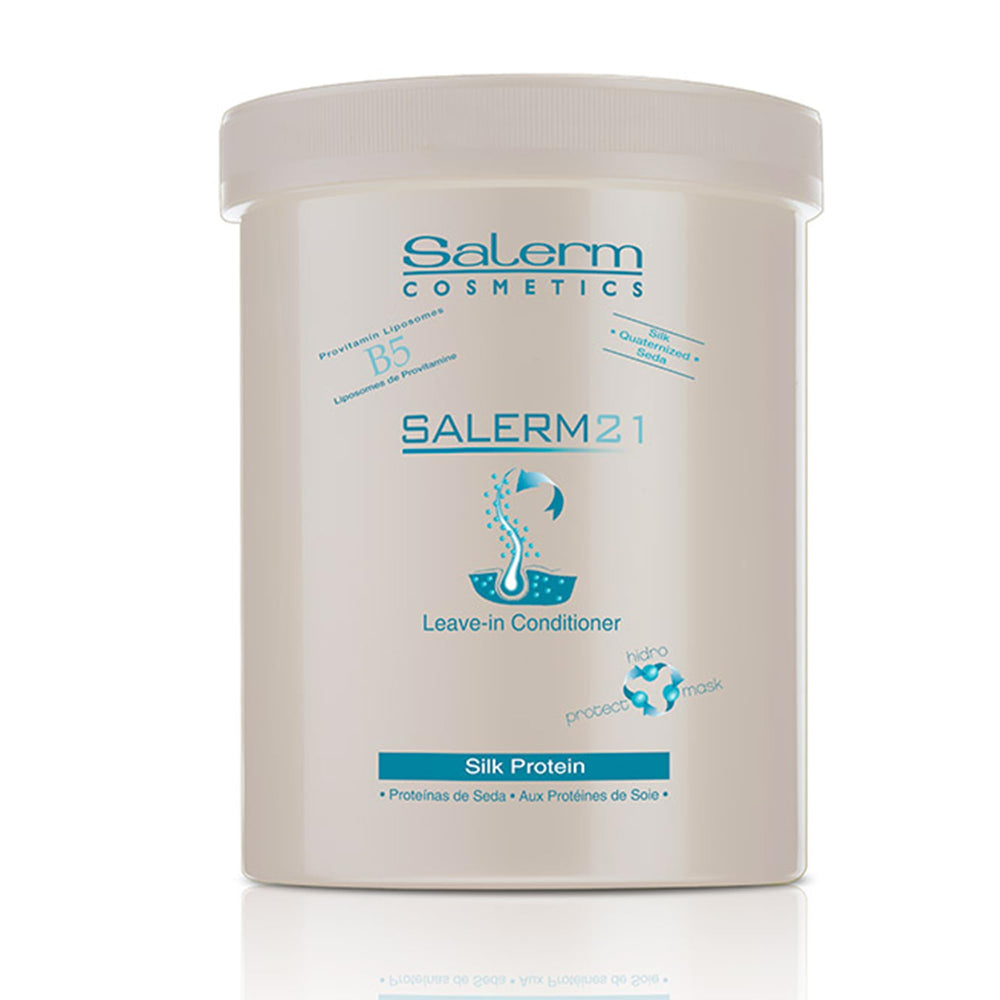 SALERM 21 Silk Protein bottle illustrates hydrating leave-in conditioner for shine and manageability.