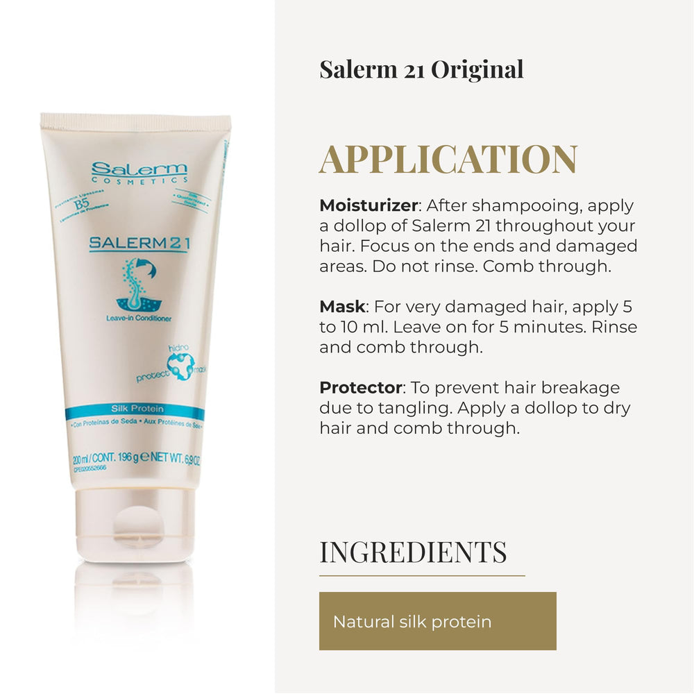 SALERM 21 Silk Protein on damp hair for hydration and detangling.