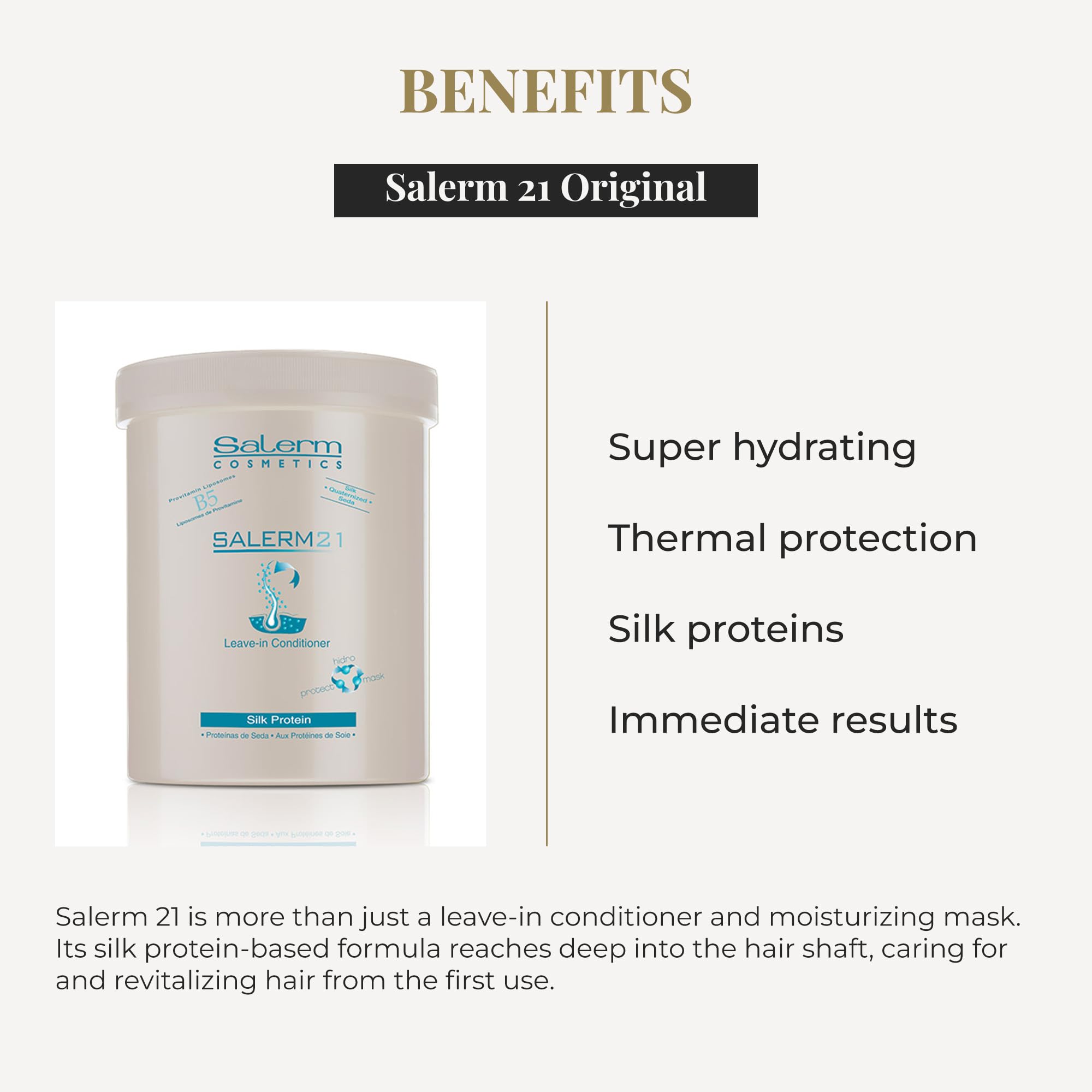 SALERM 21 Silk Protein spread on damp hair for hydration and shine.
