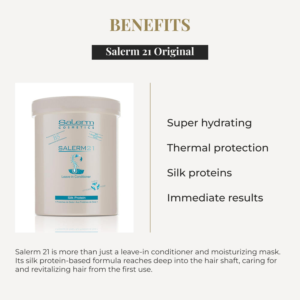 SALERM 21 Silk Protein spread on damp hair for hydration and shine.