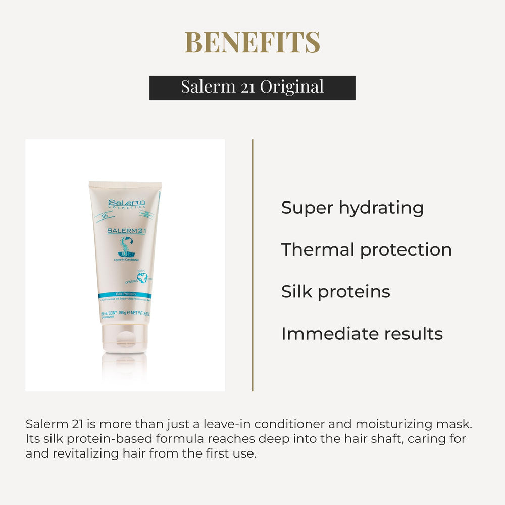 SALERM 21 Silk Protein in hand suggesting easy detangling and nourishment.