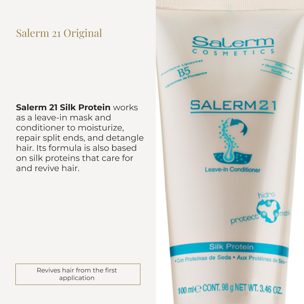 SALERM 21 Silk Protein label close-up showing silk protein formula for shine and protection