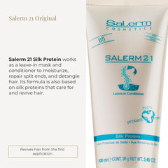 SALERM 21 Silk Protein label close-up showing silk protein formula for shine and protection