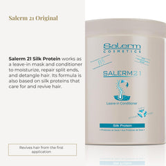 SALERM 21 Silk Protein pump shows detangling-ready formula for smooth combing.