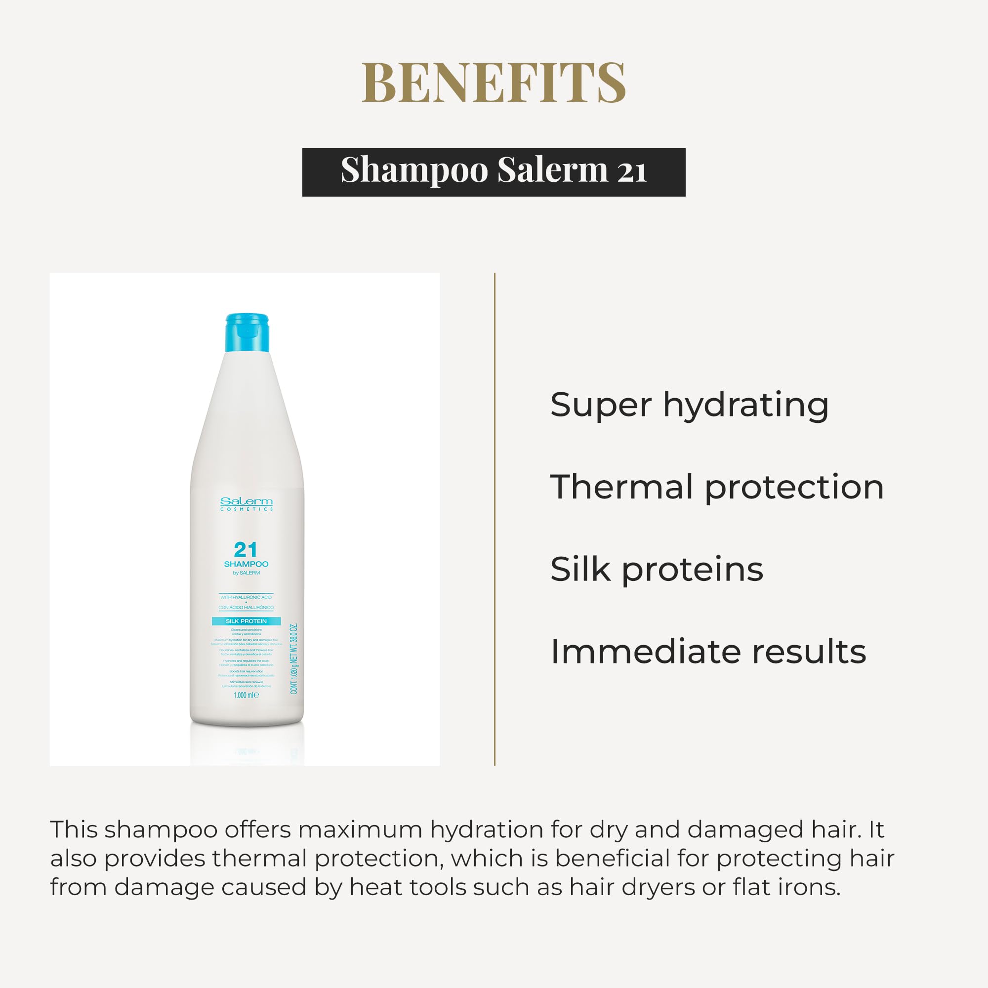 Salerm 21 Silk Proteins label close-up signaling strengthened, glossy hair results.
