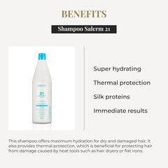 Salerm 21 Silk Proteins label close-up signaling strengthened, glossy hair results.