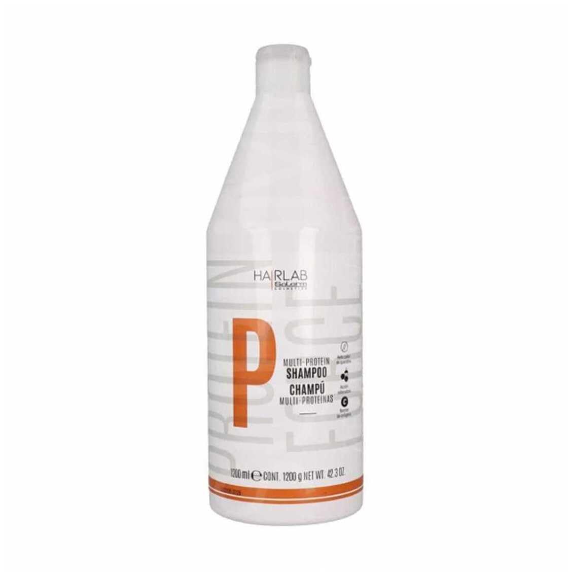 Salerm Hairlab shampoo bottle close-up showing fortifying formula for hair repair
