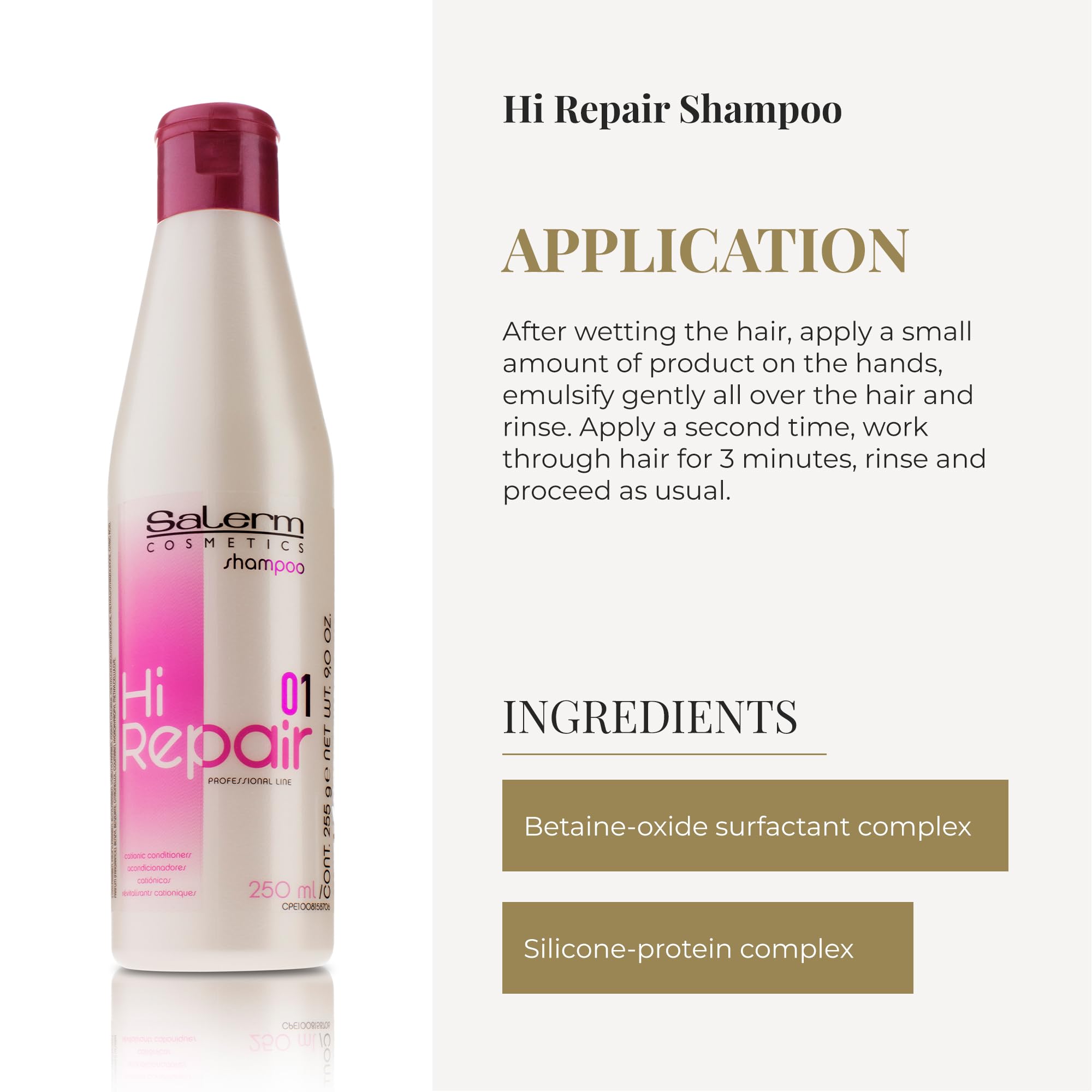 Salerm Hi Repair Shampoo after-use image shows shiny, soft hair.