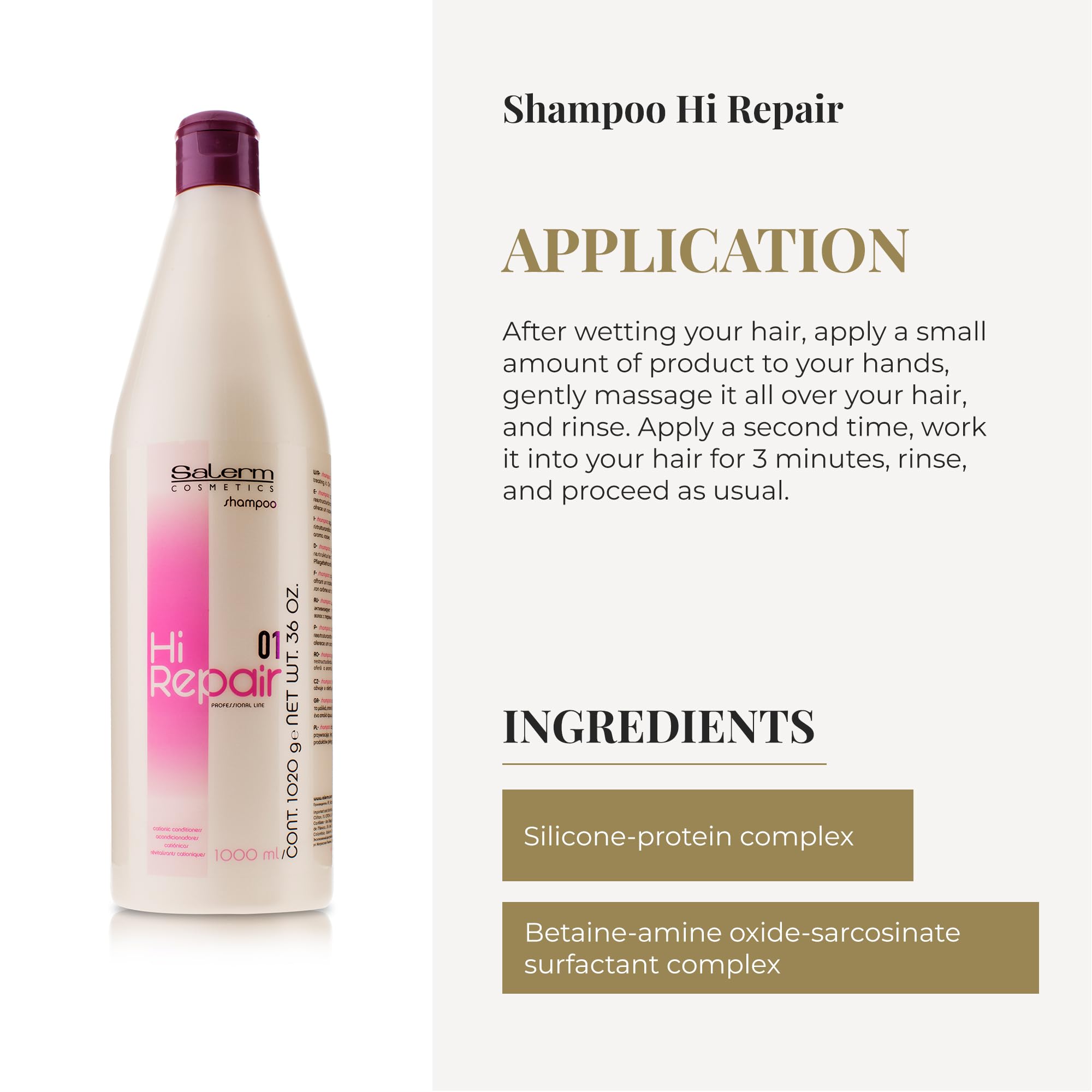 Salerm Hi Repair Shampoo applied to damp hair for repair-ready results.