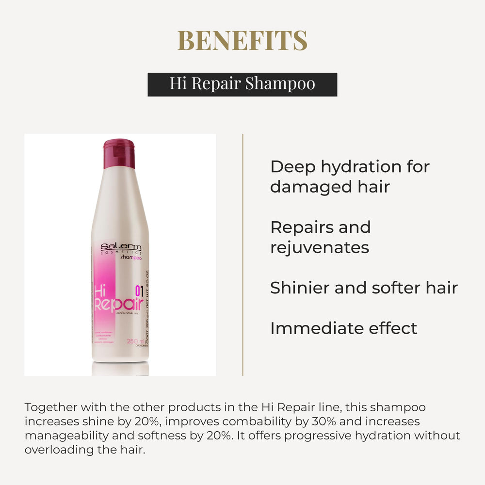 Salerm Hi Repair Shampoo close-up of silicone-protein complex aiding hair repair.