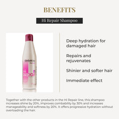 Salerm Hi Repair Shampoo close-up of silicone-protein complex aiding hair repair.
