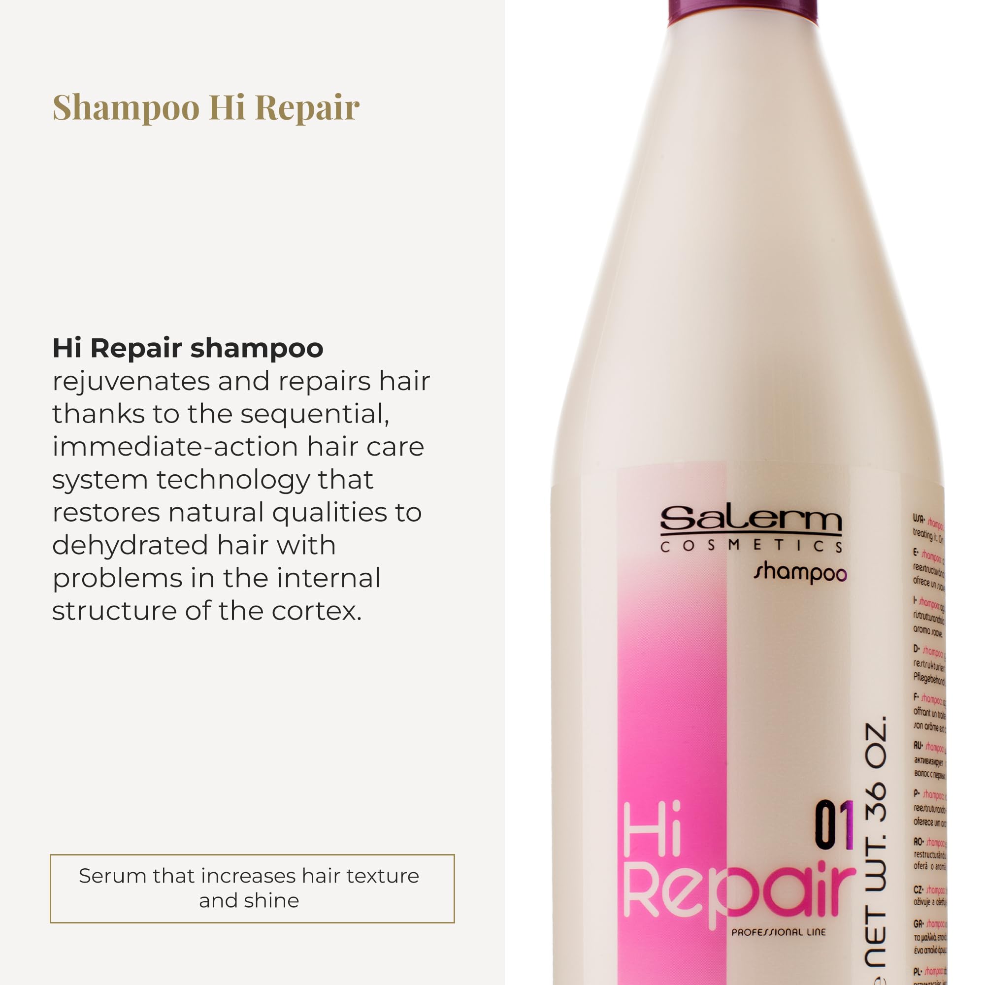 Salerm Hi Repair Shampoo being poured to gently cleanse damaged hair.