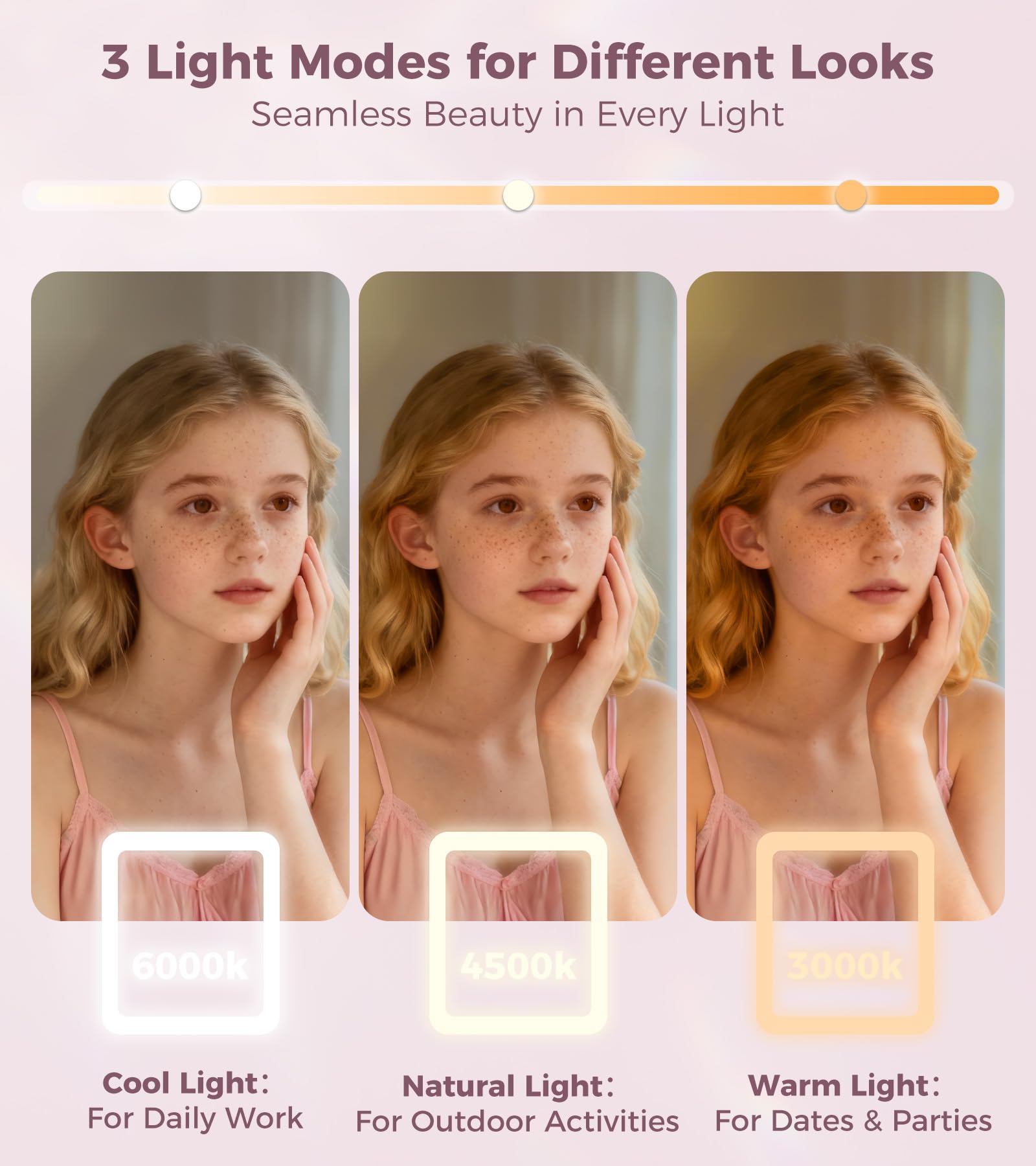 Saliwa vanity mirror lights mode switch showing warm natural and cool tones