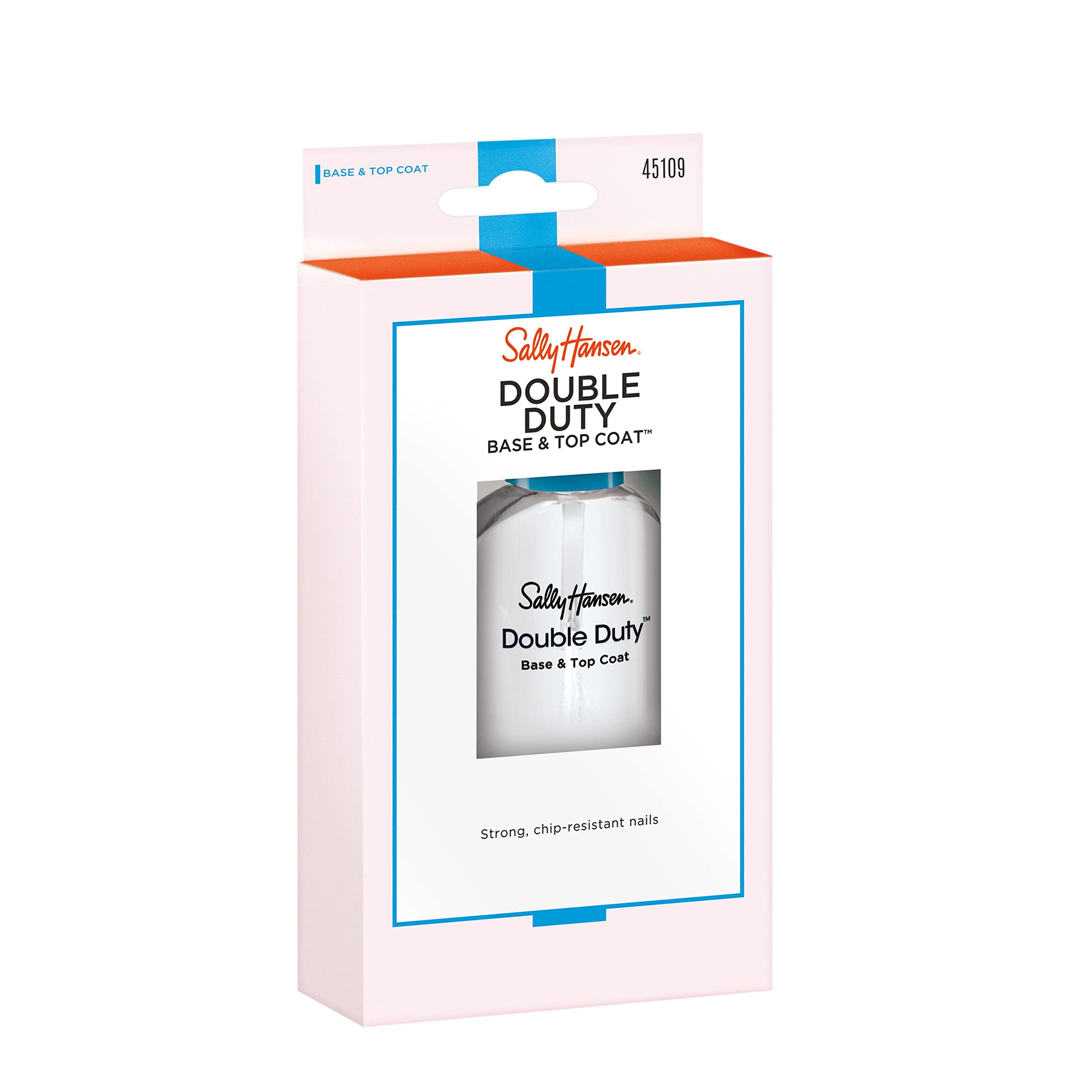 Sally Hansen Double Duty long-lasting shine displayed on nails promoting a streak-free look.