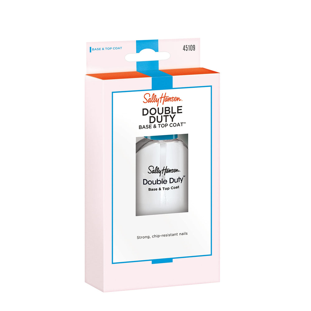 Sally Hansen Double Duty long-lasting shine displayed on nails promoting a streak-free look.