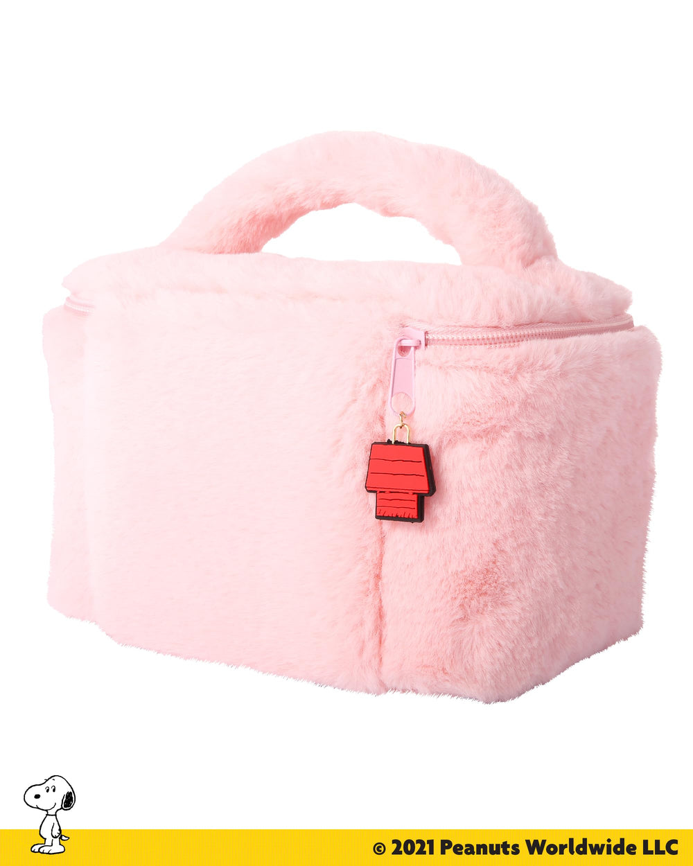 Sally Rose Peanuts Snoopy pink makeup bag carrying handle offers easy transport.