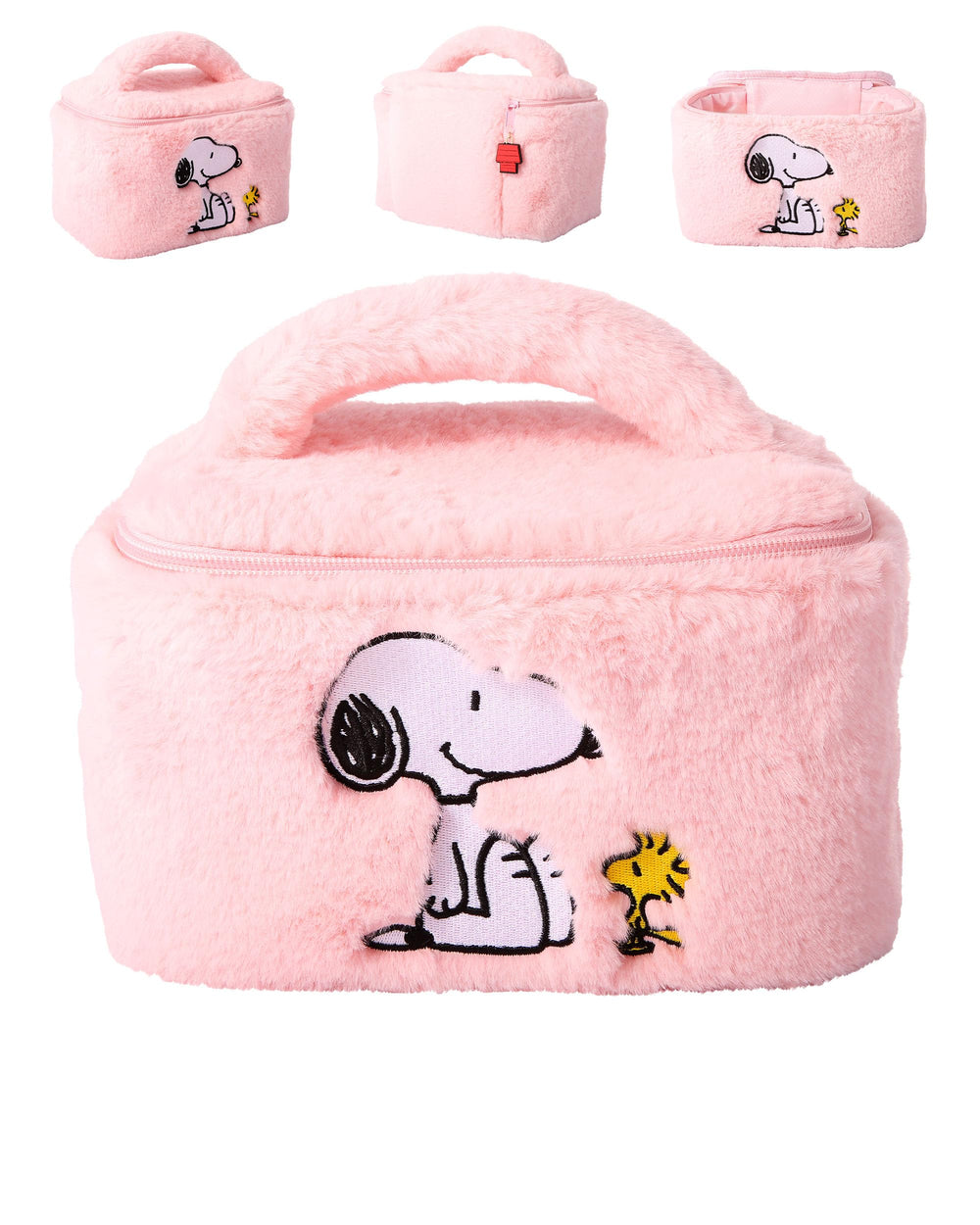 Sally Rose Peanuts Snoopy pink makeup bag front view for cute cosmetics storage.