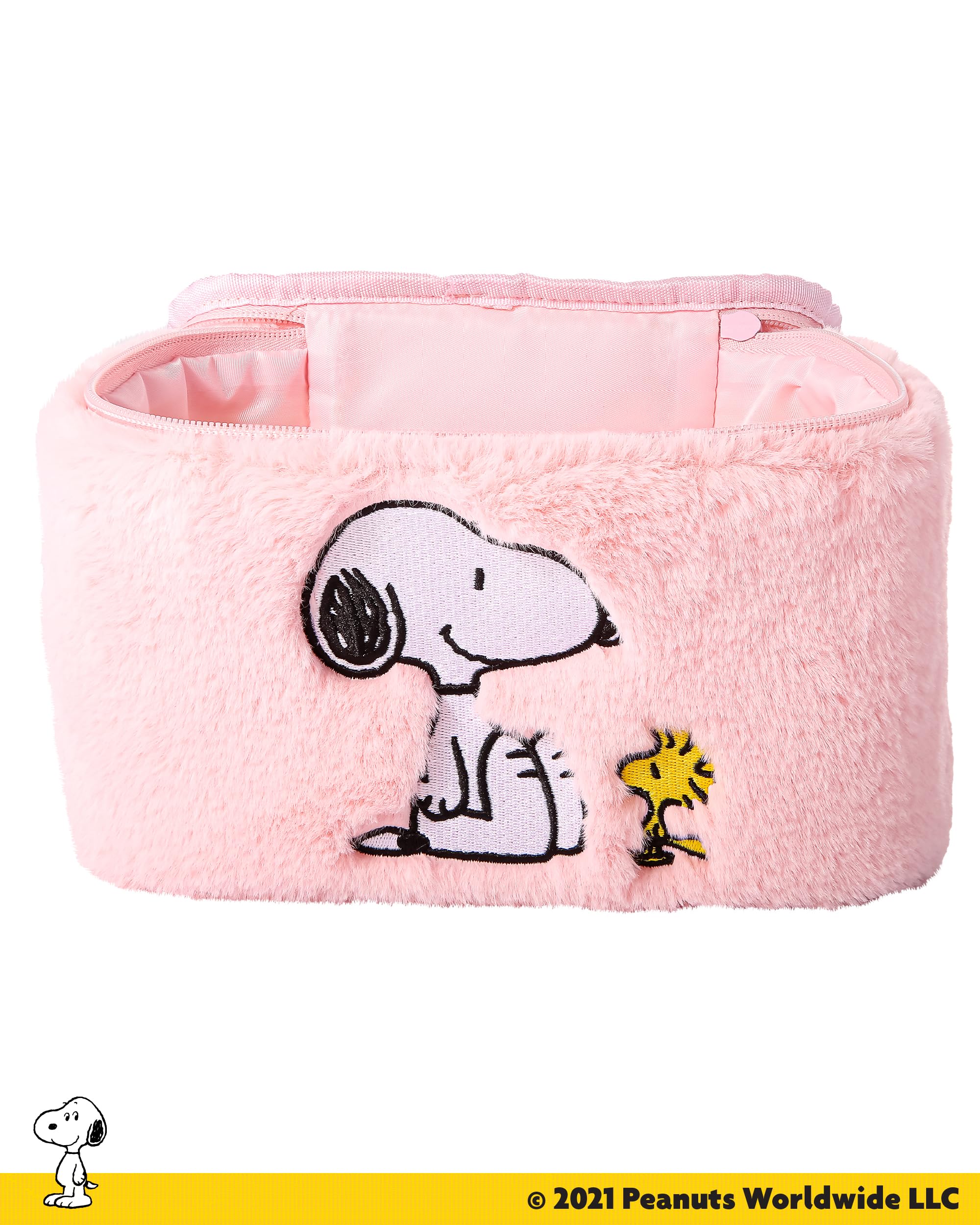Sally Rose Peanuts Snoopy pink makeup bag on dresser combines style and storage.