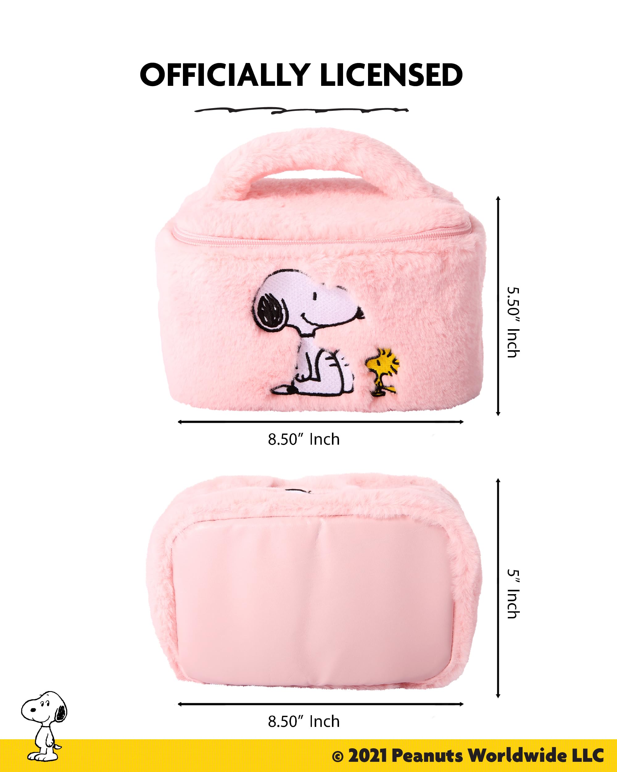 Sally Rose Peanuts Snoopy pink makeup bag zipper closure keeps contents secure.