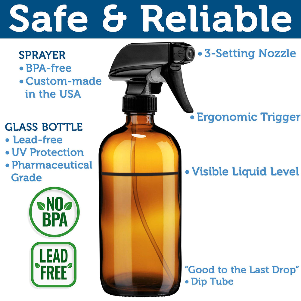 Sally's Organics amber glass bottle close-up highlights durable, refillable 16 oz design.