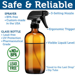 Sally's Organics amber glass bottle close-up highlights durable, refillable 16 oz design.