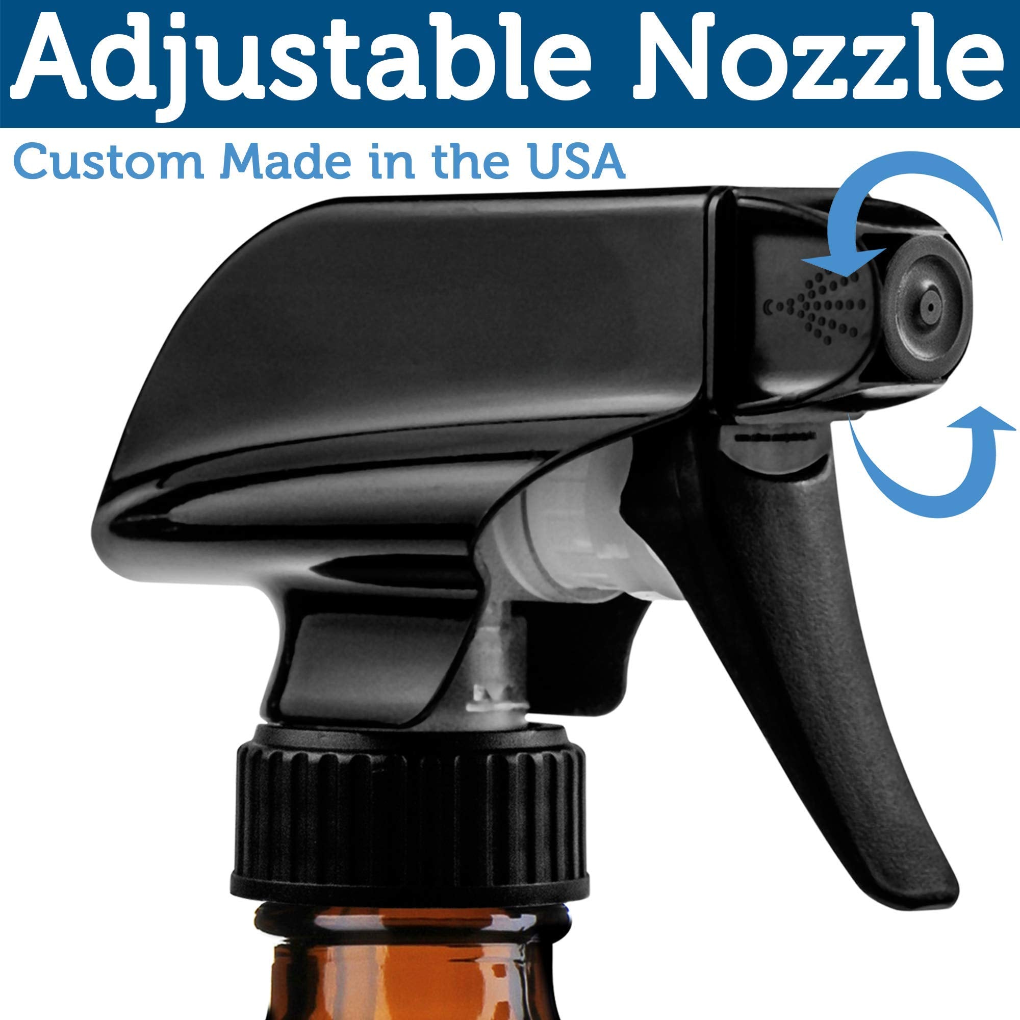 Sally's Organics amber glass bottle nozzle closeup highlights a reliable mist for oils.