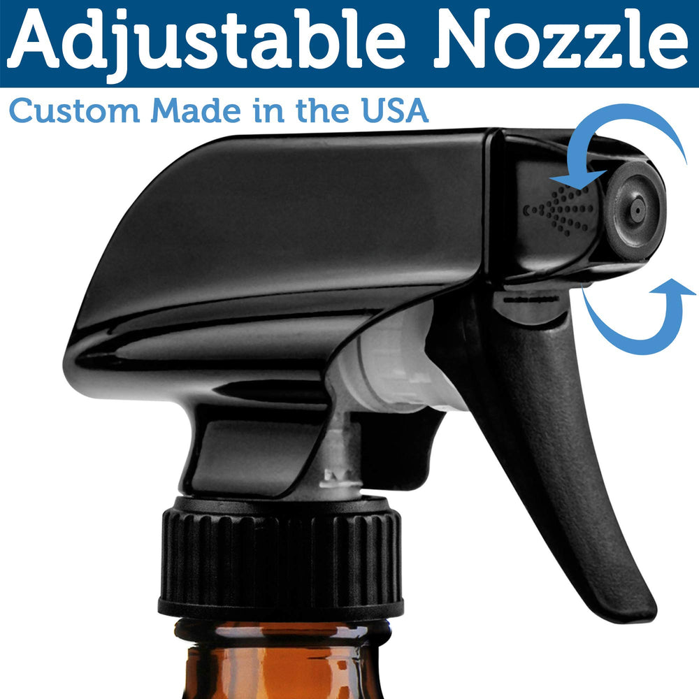 Sally's Organics amber glass bottle nozzle closeup highlights a reliable mist for oils.