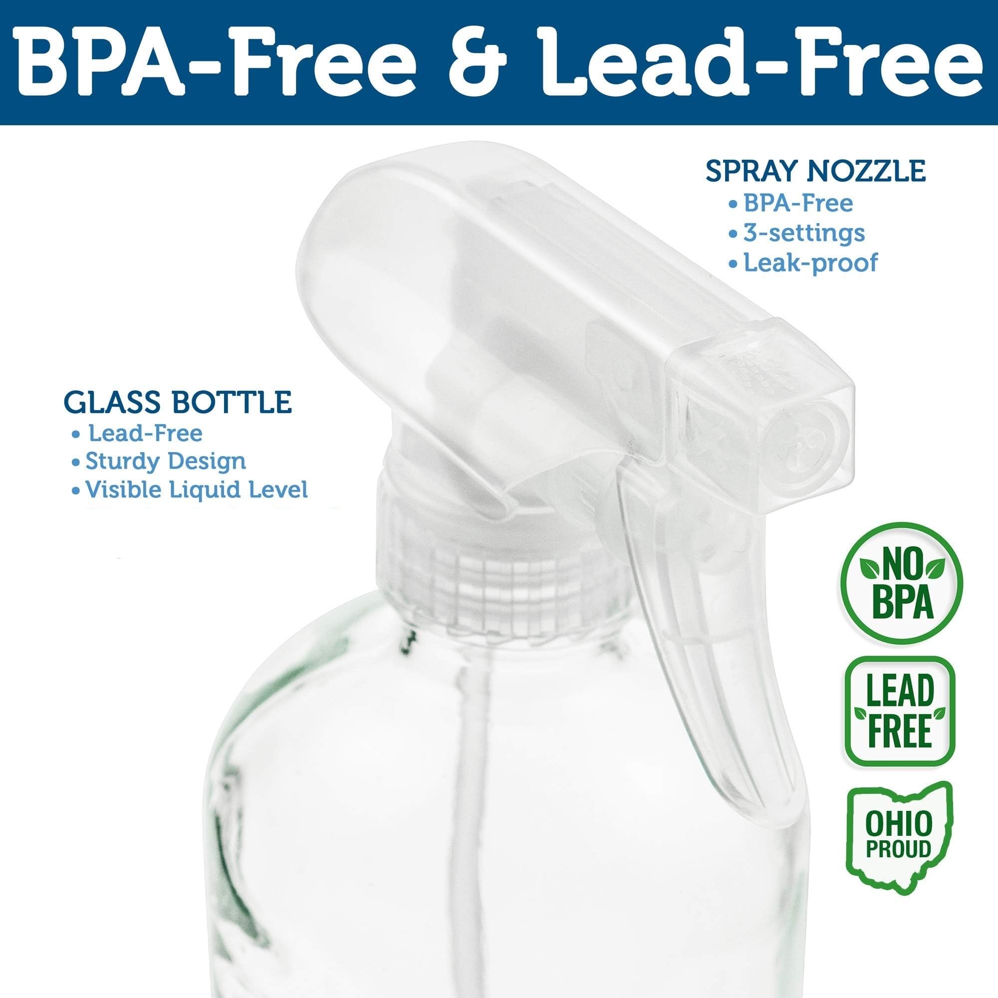 Sally's Organics glass spray bottle closeup showing mist or stream nozzle