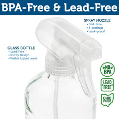 Sally's Organics glass spray bottle closeup showing mist or stream nozzle